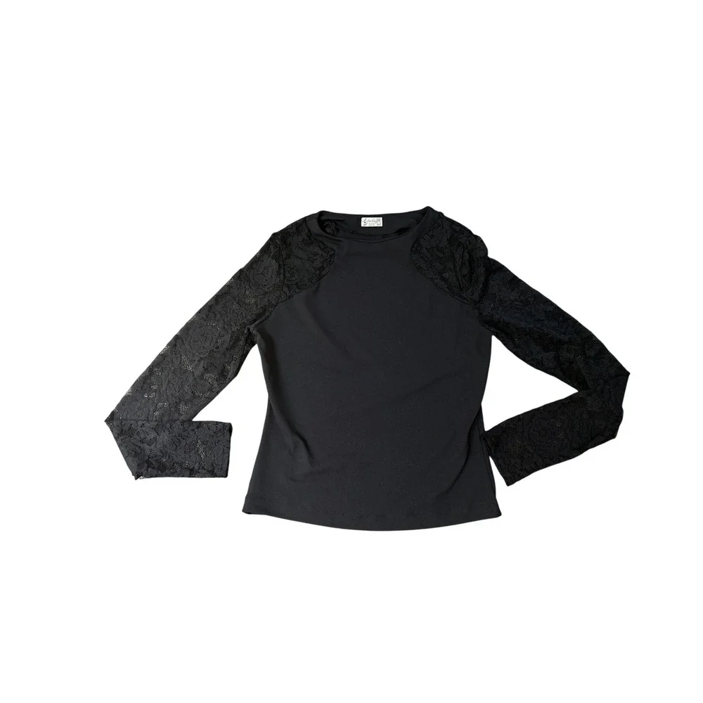 Free People Intimately No Excuses Long Sleeve Lace Top Black OB1186716 Size M